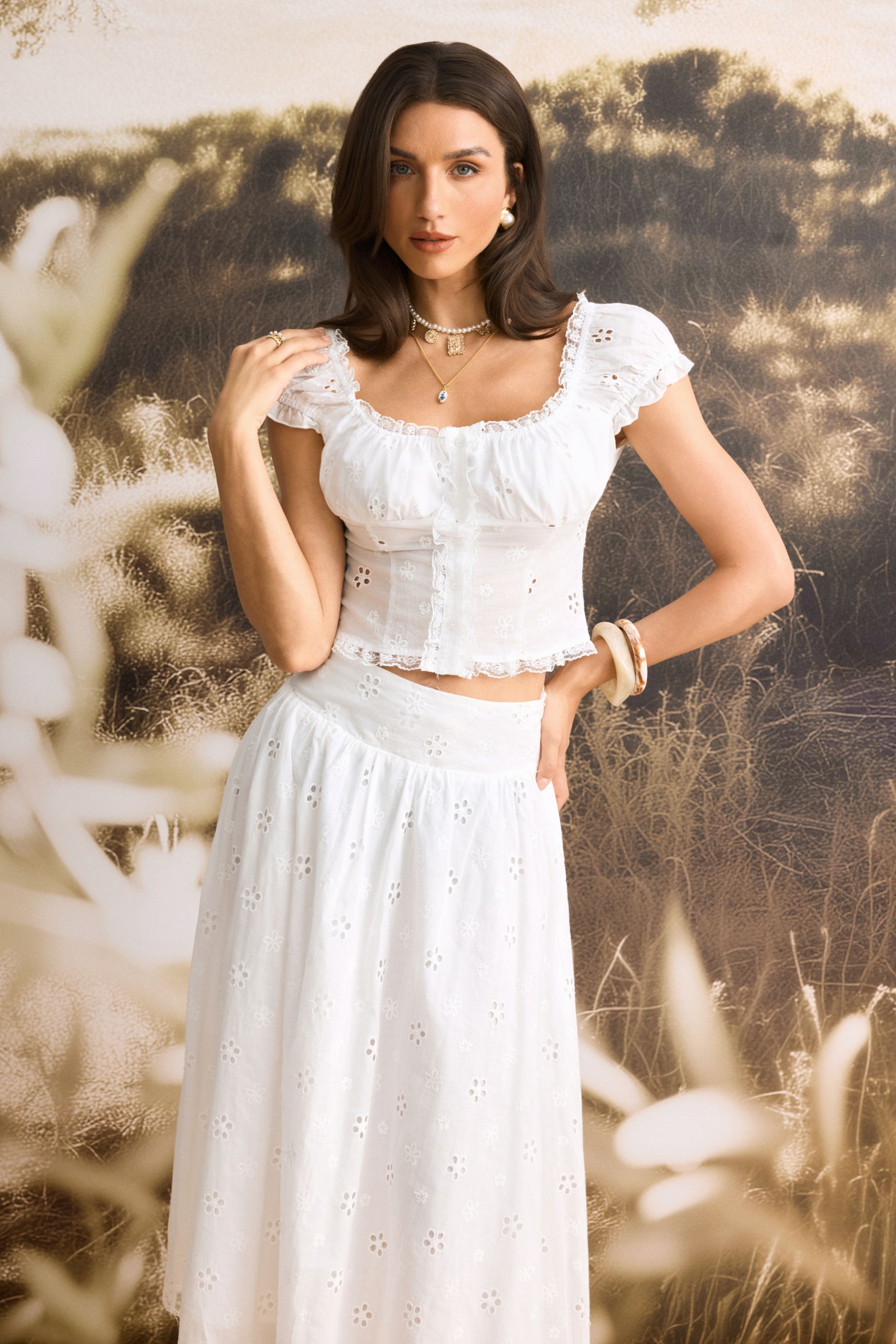 Eliza Puff Sleeve Broderie Crop Top & Skirt Set