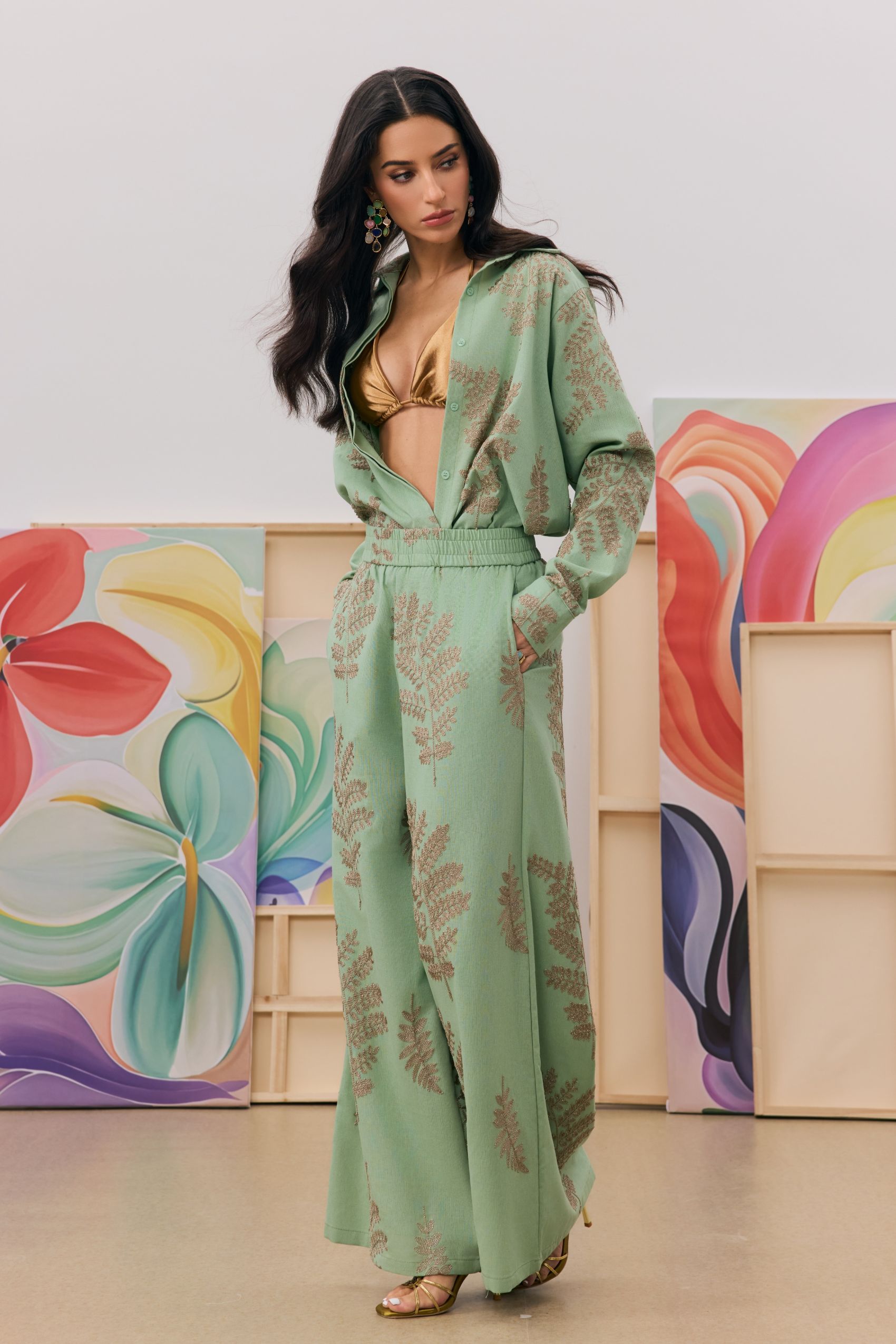 Anastasia Leaf Embroidered Shirt & Wide Leg Pants Set