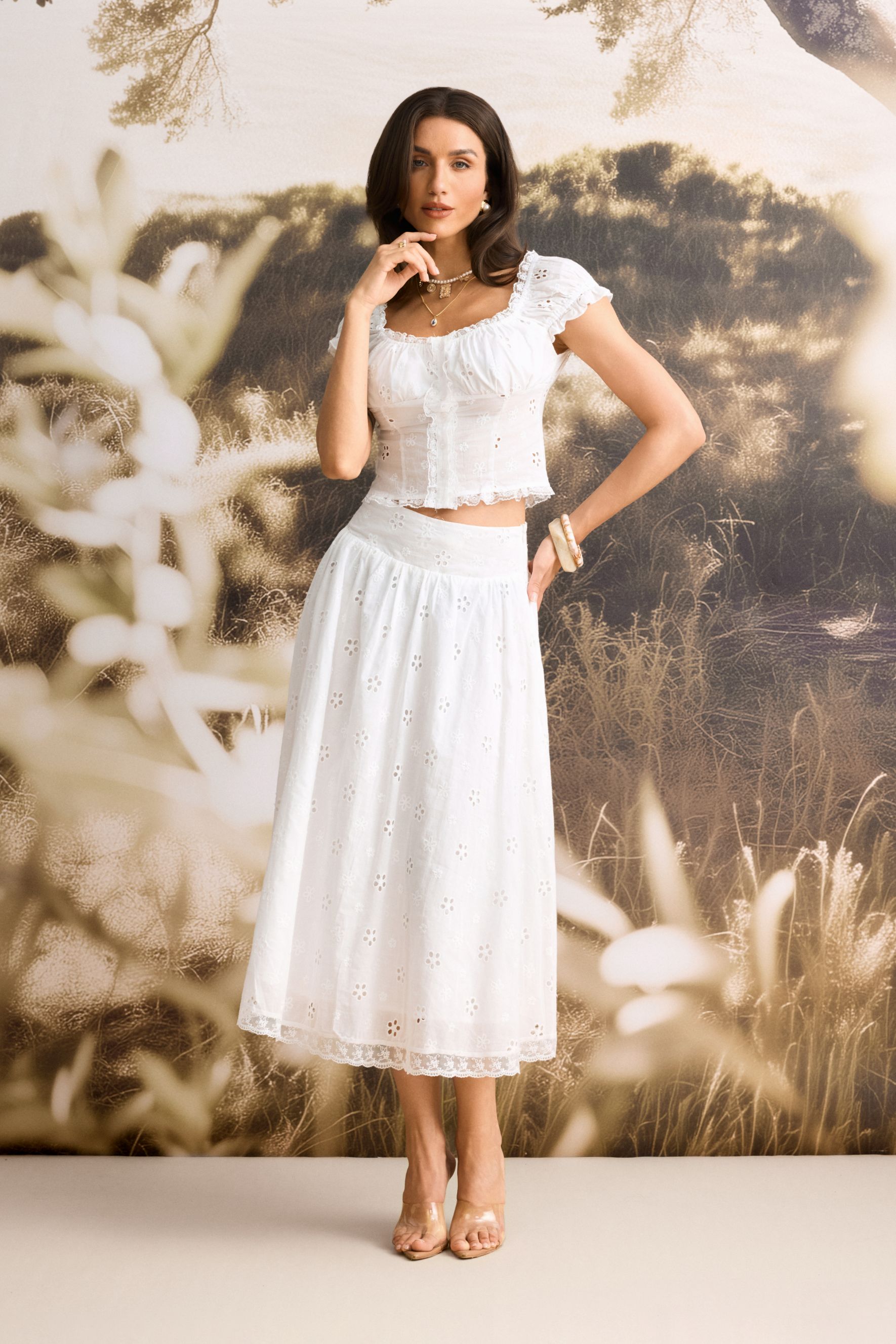 Eliza Puff Sleeve Broderie Crop Top & Skirt Set