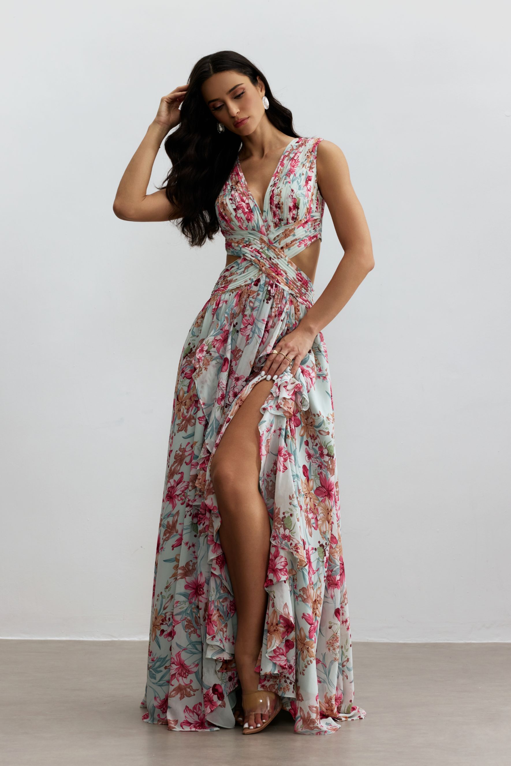 Anila Printed Pleated Ruffle Maxi Dress