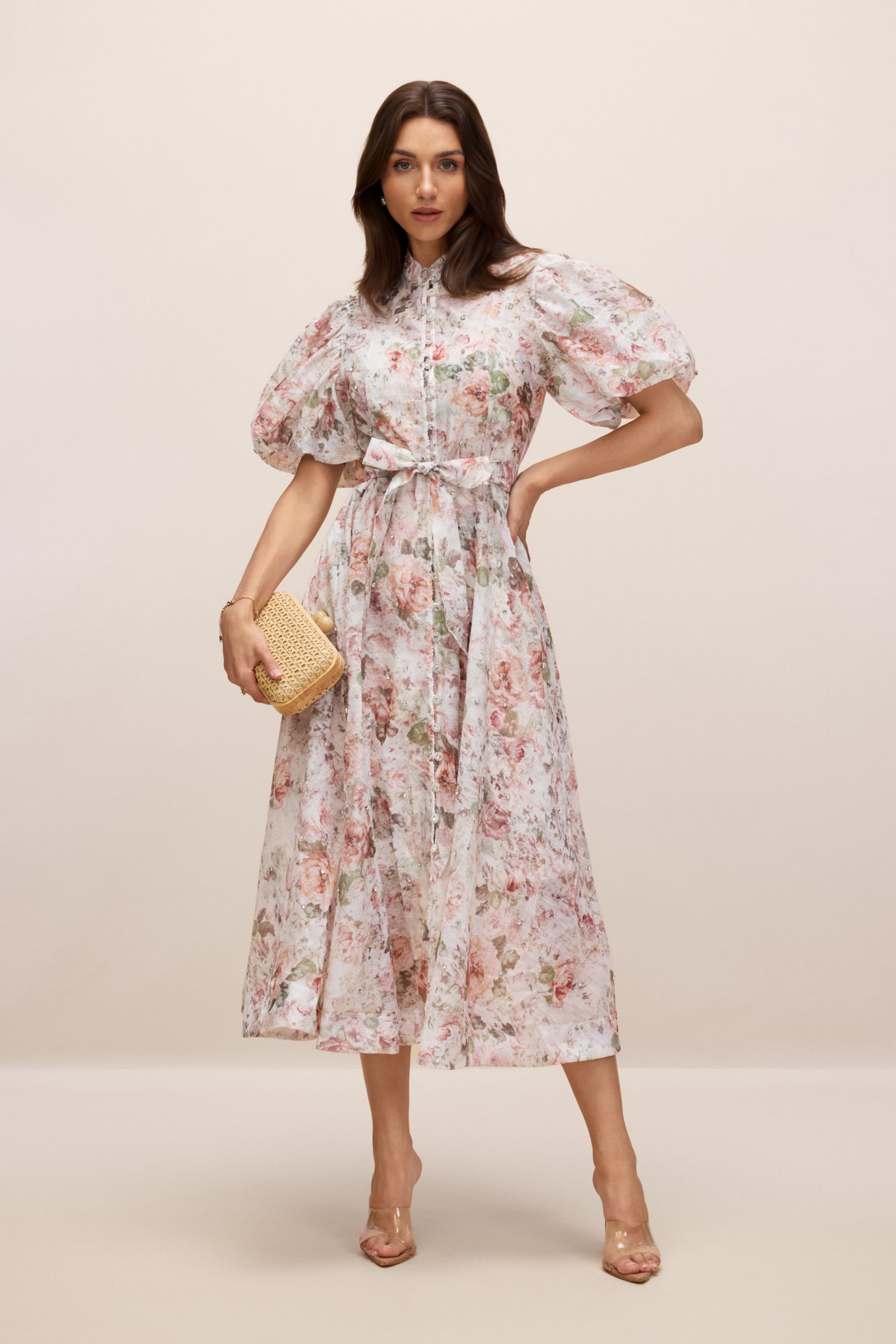 Serena Floral Print Puff Sleeve Midi Dress