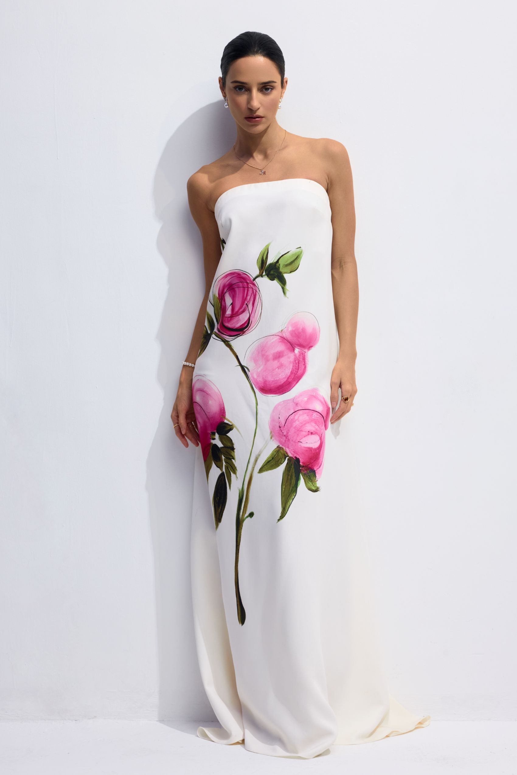 Dorothy Floral Print Strapless Satin Maxi Dress