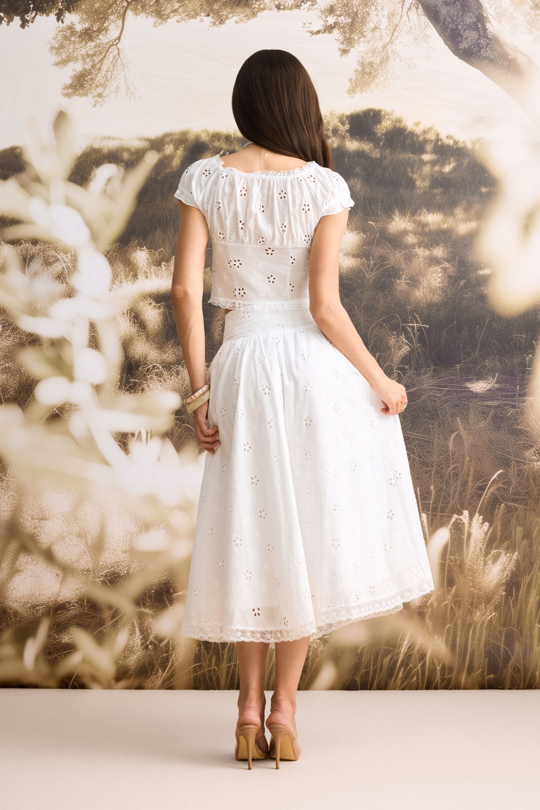 Eliza Puff Sleeve Broderie Crop Top & Skirt Set