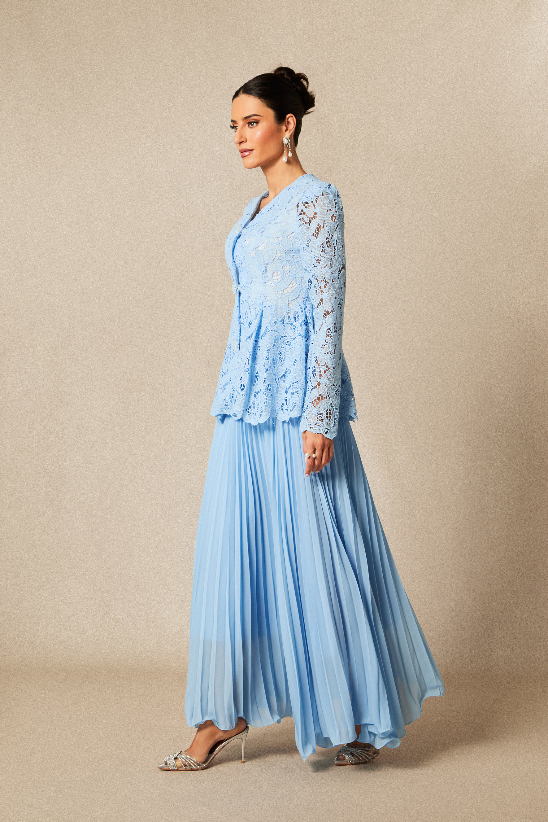 Ariella Floral Embroidered Lace Top & Pleated Maxi Skirt Set