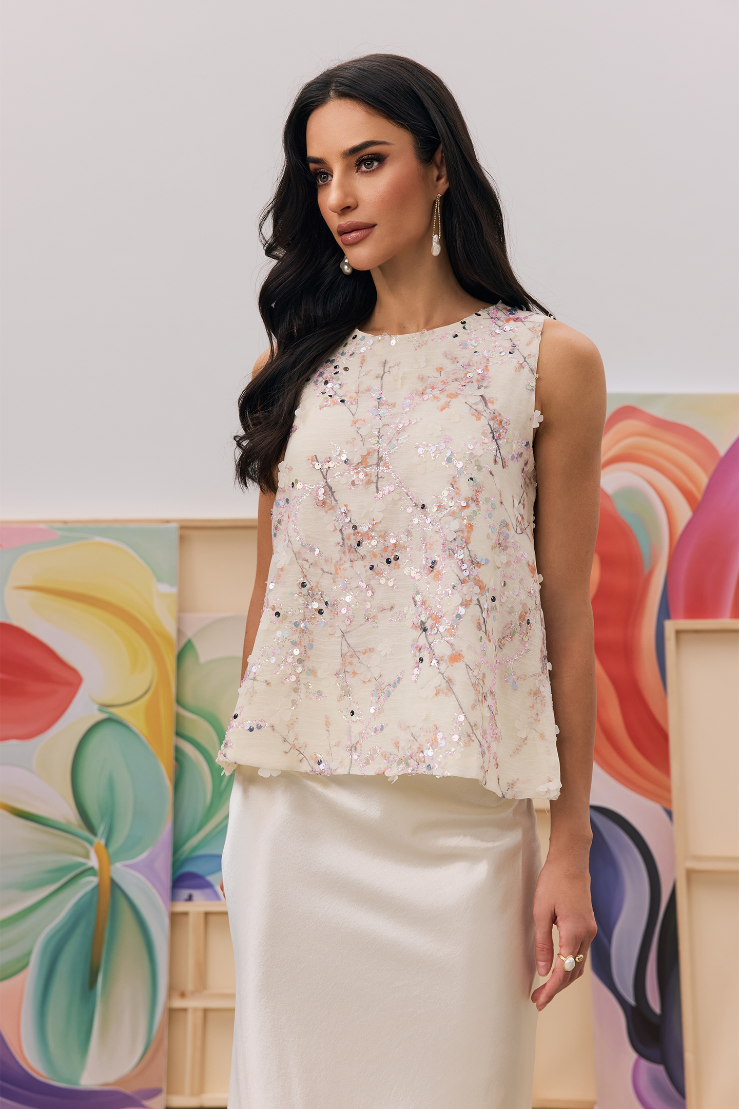 Angelica Floral Embroidery Sequin Sleeveless Vest