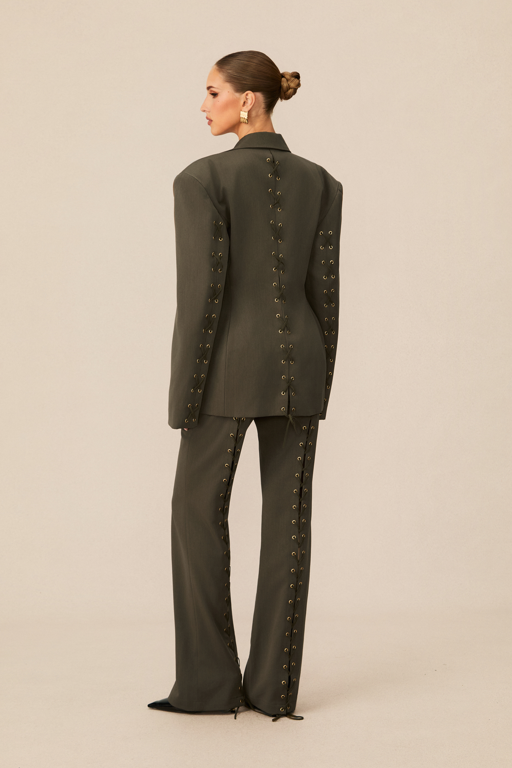 Joanna Lace Up Wide Shoulder Blazer & Trousers Set