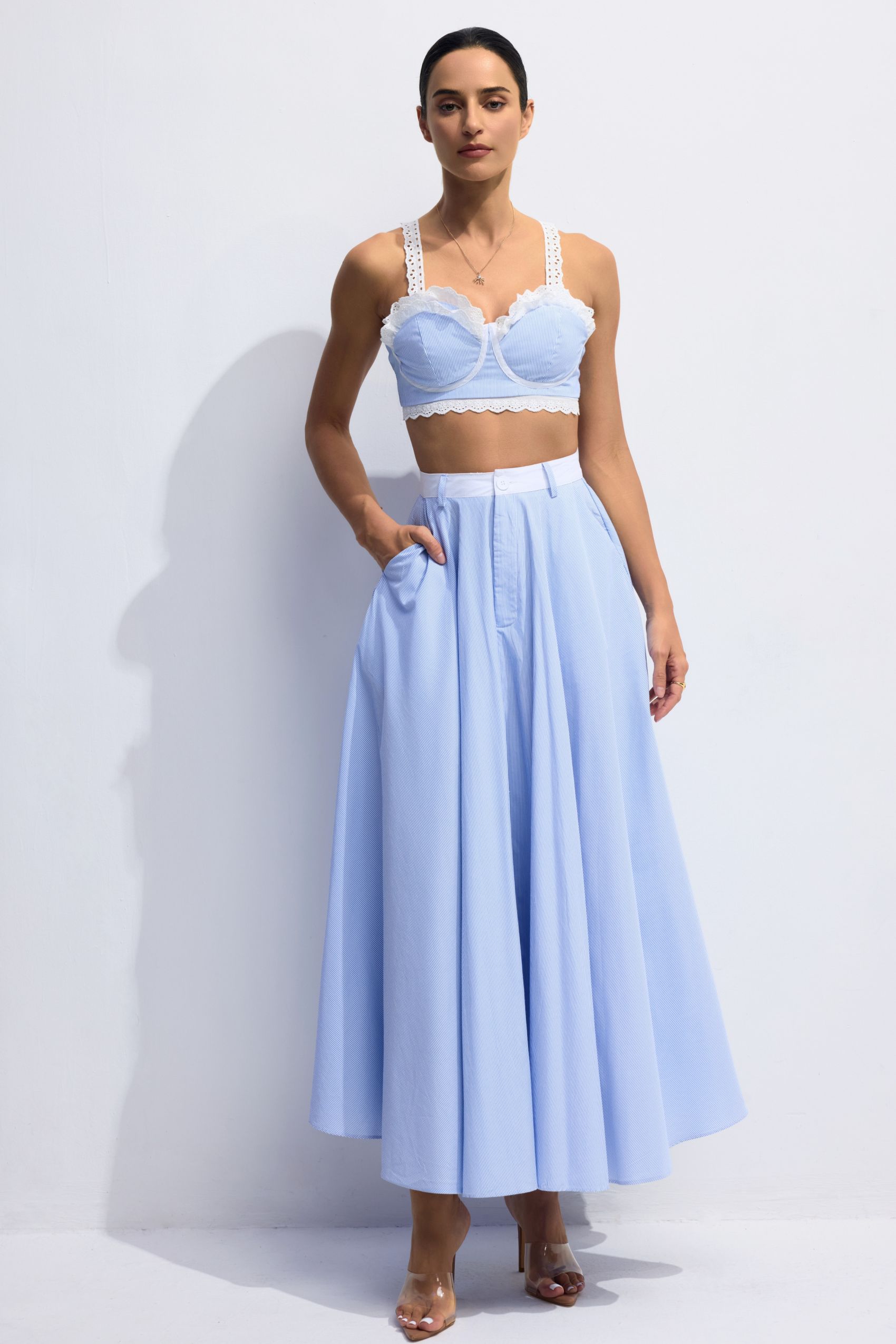 Astrid Lace Contrast Stripes Camisole & Skirt Set