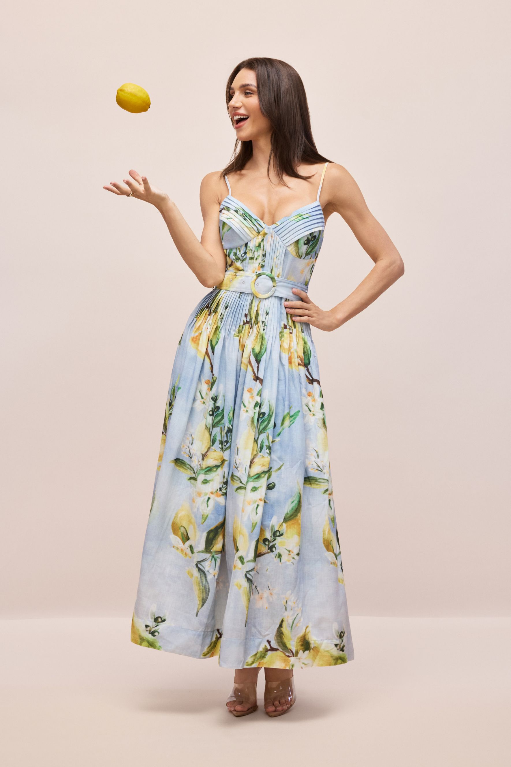 Joyce Lemon Print Spaghetti Strap Maxi Dress