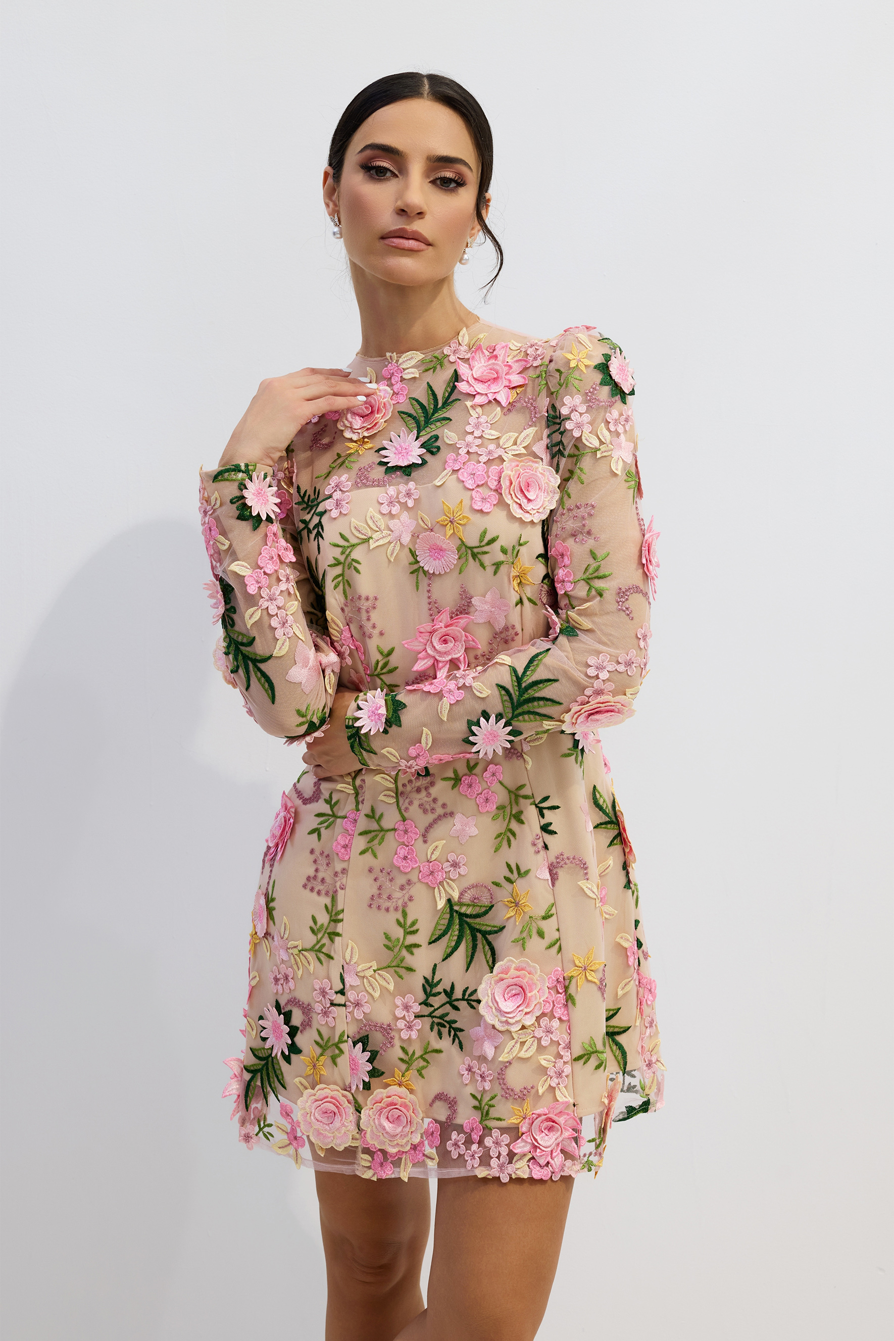Lara Floral Applique Long Sleeve Mini Dress