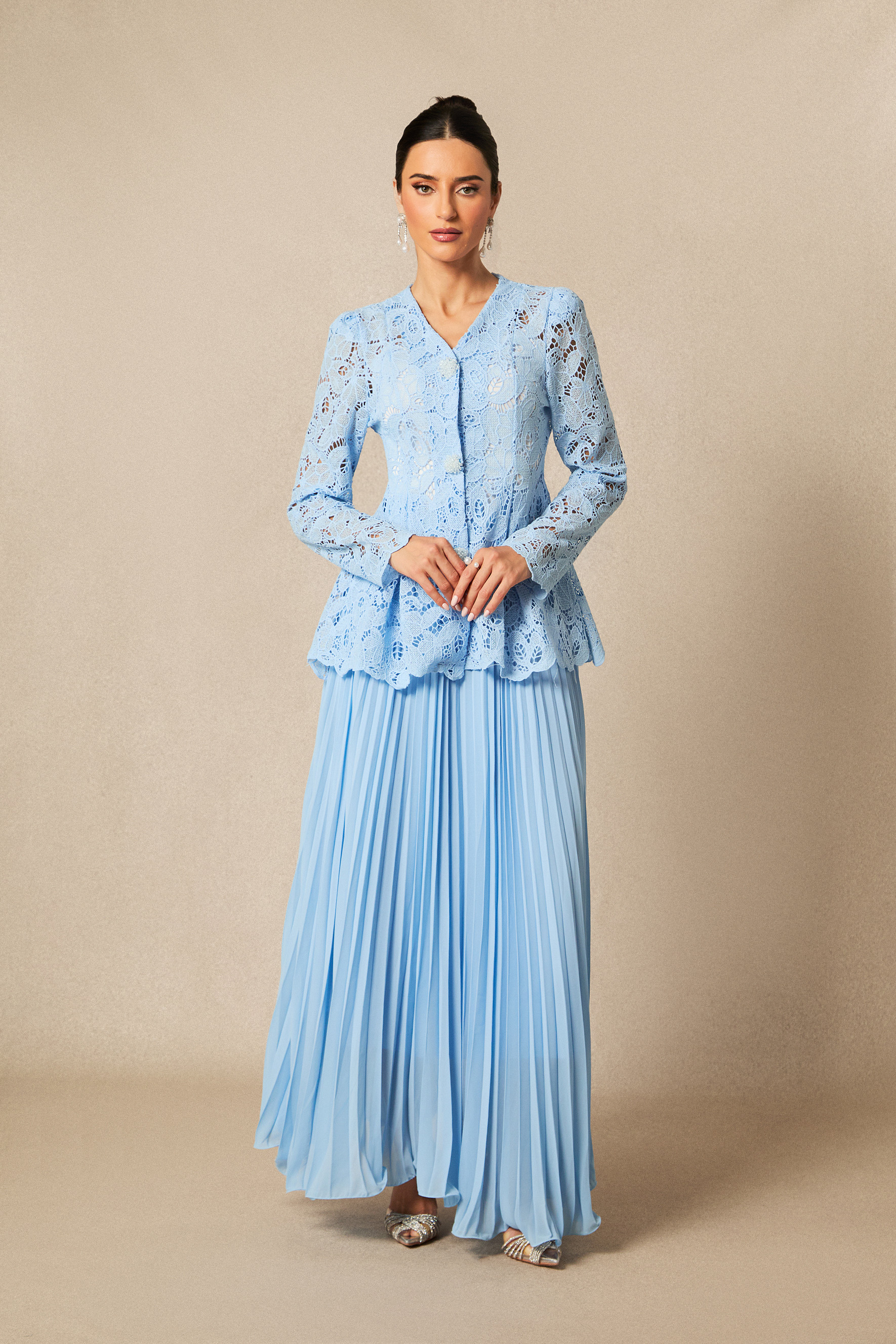 Ariella Floral Embroidered Lace Top & Pleated Maxi Skirt Set
