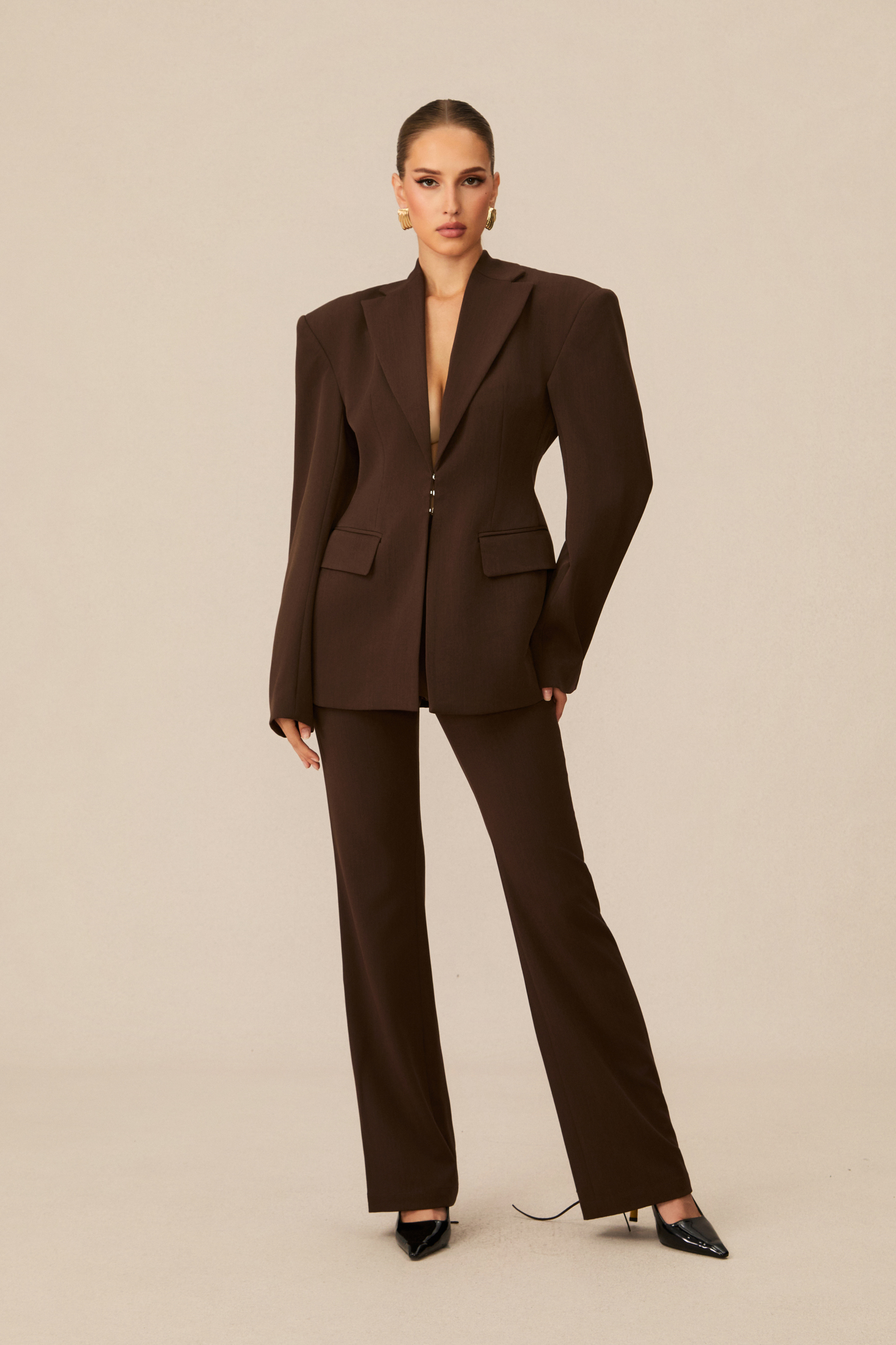 Joanna Lace Up Wide Shoulder Blazer & Trousers Set