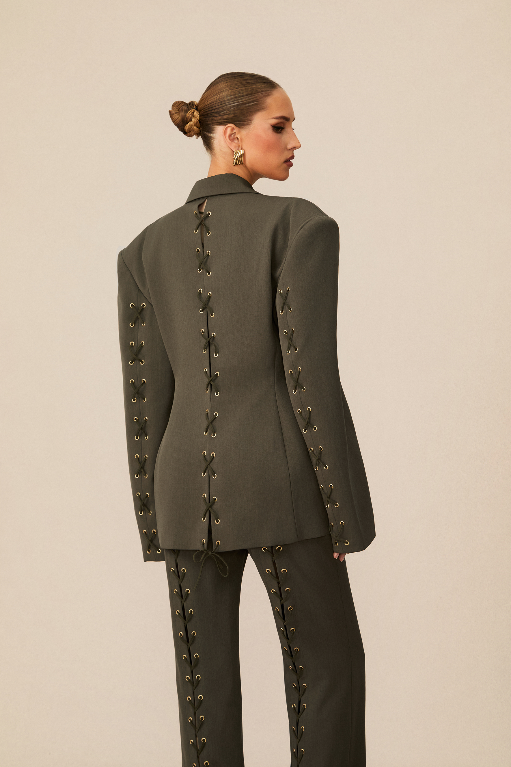 Joanna Lace Up Wide Shoulder Blazer & Trousers Set